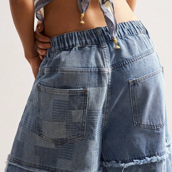 Blue Boho Casual Women's Loose Patchwork Wide Leg Jeans - Picture 7 of 7